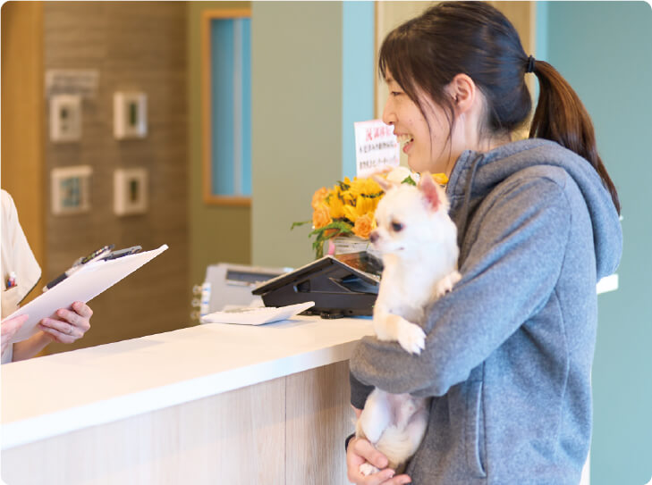 動物病院の受付で、スタッフが飼い主と小型犬に笑顔で対応している様子