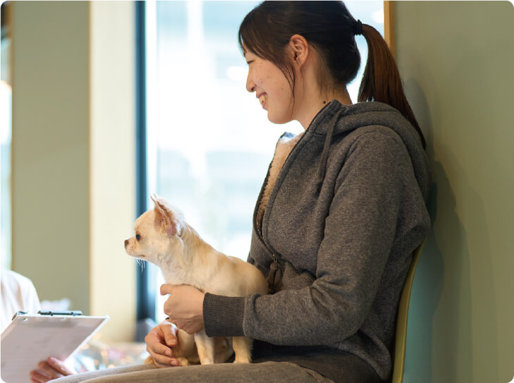 待合室で飼い主が犬を膝に乗せ、スタッフが問診票を確認しているシーン