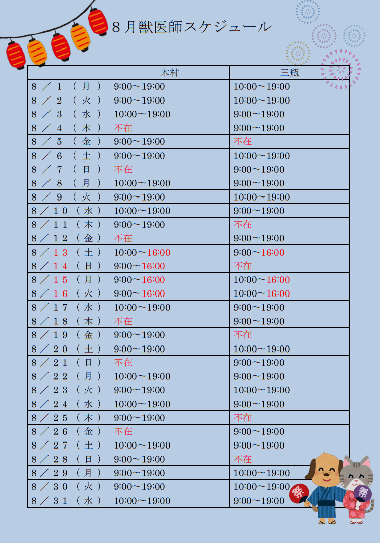 ８月の獣医師スケジュールについて 木更津みき動物病院 千葉県木更津市